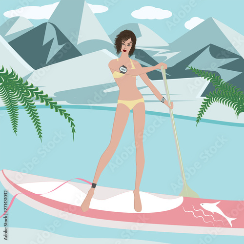 Stand Up paddle boarding - woman, stylish, in a swimsuit - water, mountains, greens - vector. Water sport