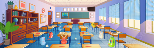 Cartoon classroom interior with view on blackboard, school desks with chairs, bookcase, door and window. Flat Vector Illustration.