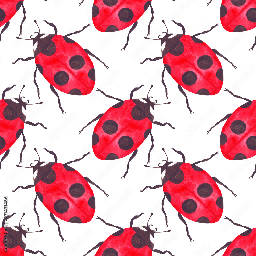 Fototapeta premium watercolor ladybug seamless pattern on white background