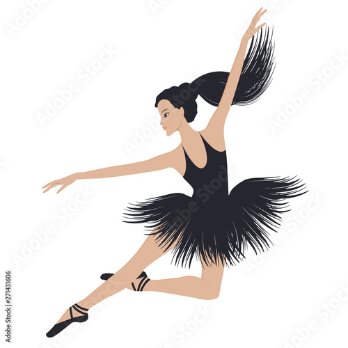 Ballet dancer in a jump - black ballet tutu - long hair gathered in a ponytail - isolated on white background - vector