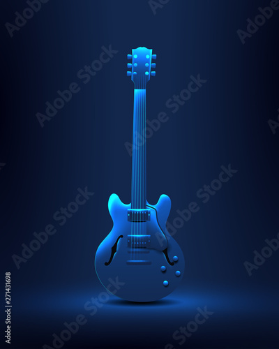 Classic electro guitar glowing silhouette. Template for your poster or flyer or advertising for live music concert or party or festival. Vector illustration.