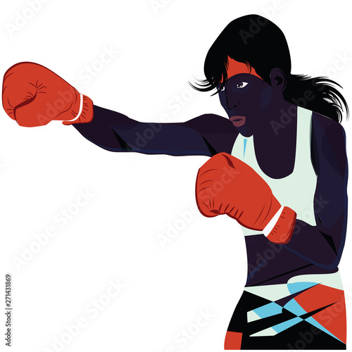 Black female boxer, strong, cute, in red boxing gloves, punch, - isolated on white background - vector