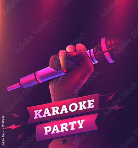 Vector karaoke party flyer or banner or poster design template with hand holding microphone. Realistic vector illustration.