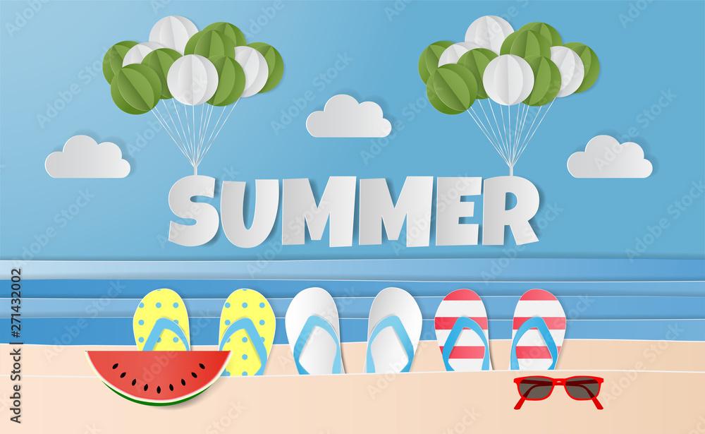 Paper art style of summer text, balloon, colorful sandals, watermelon and Sunglasses on beach