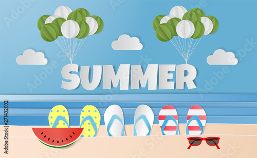 Paper art style of summer text, balloon, colorful sandals, watermelon and Sunglasses on beach