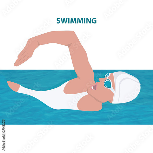 Swimmer woman in a swimsuit, glasses, cap - blue abstract water - isolated on white background - vector. Sports lifestyle. Pool. Character for water sports.