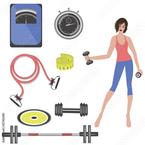 Sports equipment - barbell, jump rope, scales and measuring tape for weight control. Girl with kettlebells - isolated on white background - vector. Life style.