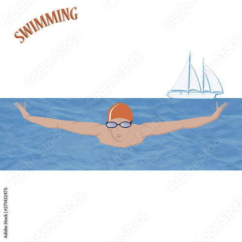 Swimmer in blue sea water grunge style - face forward - isolated on white background - vector. Water sports. Summer time