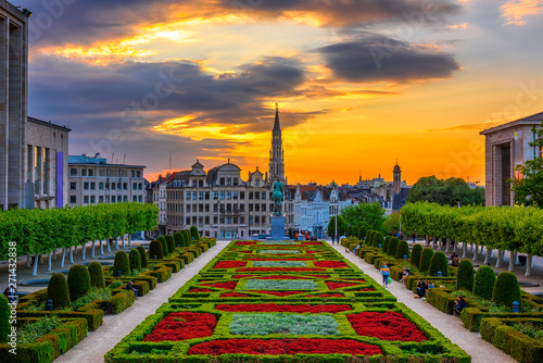 The Mont des Arts or Kunstberg is an urban complex and historic site in the centre of Brussels, Belgium. Sunset cityscape of Brussels.