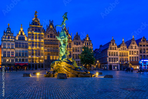 The Grote Markt (Great Market Square) of Antwerpen, Belgium. It is a town square situated in the heart of the old city quarter of Antwerpen. Night cityscape of Antwerpen.