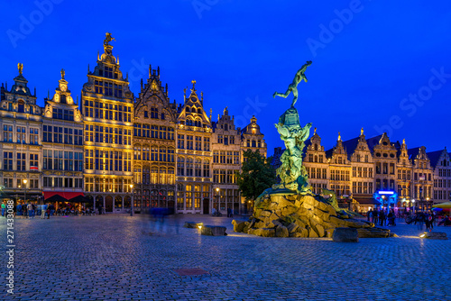 The Grote Markt (Great Market Square) of Antwerpen, Belgium. It is a town square situated in the heart of the old city quarter of Antwerpen. Night cityscape of Antwerpen.