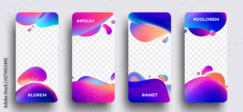 Instagram story template set of photo frames with trendy wave liquid gradient splashes or bubbles. Vector illustration.