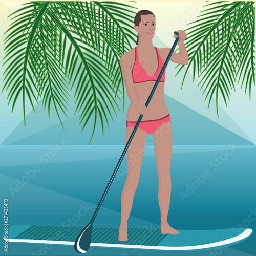 Surfer, a woman in a swimsuit on a board with a paddle - seascape, palm trees - illustration, vector. Relaxation. Sport. Surfing