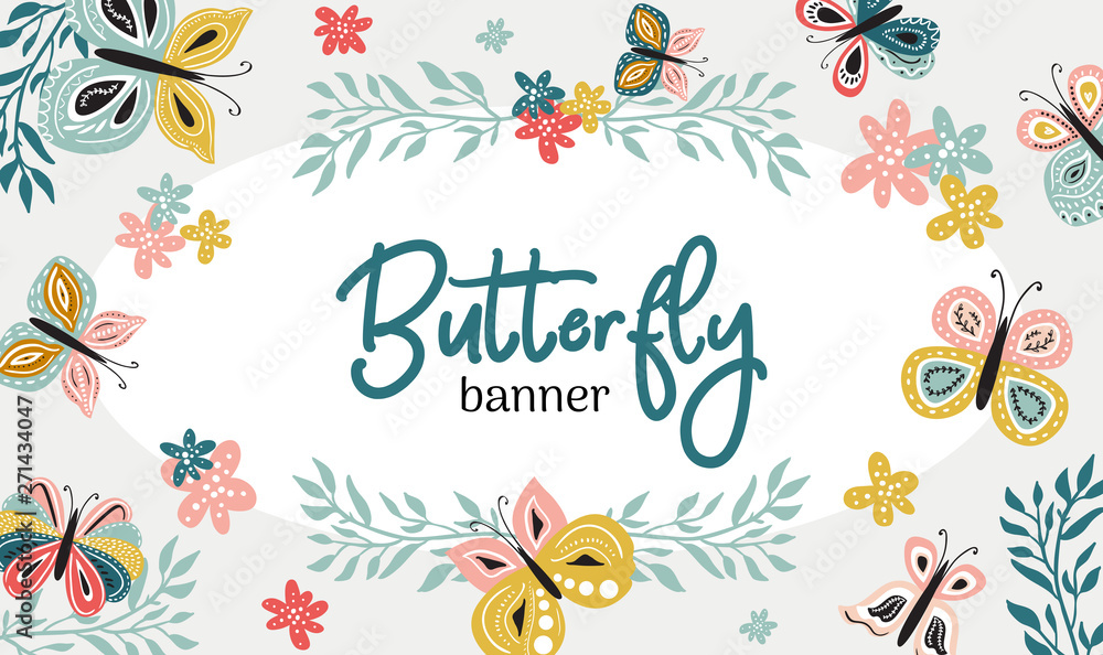 Horizontal hand drawn banner or flyer design with cute colorful butterflies and branches. Vector summer and spring childish illustration in modern scandinavian style with text space