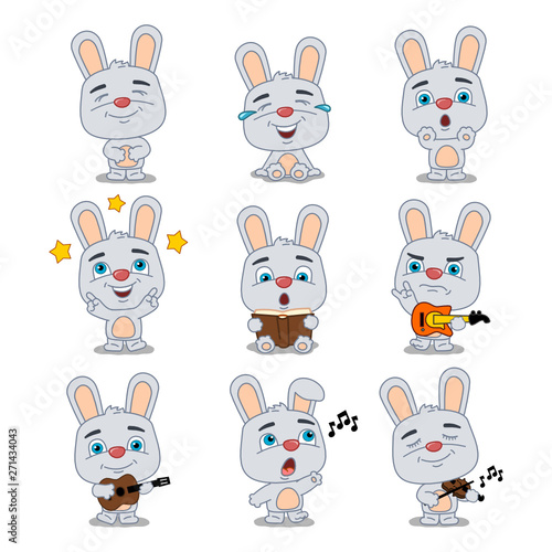 Set of funny rabbit in different poses and with musical instruments isolated on white background