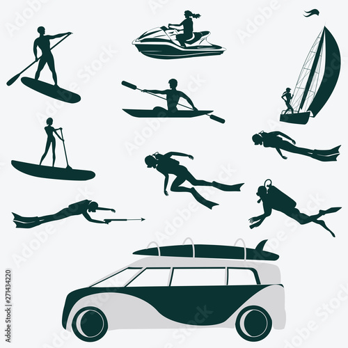 Silhouettes diver, surfer, water bike, sailboat, kayak. Car for transporting tourists - vector. Life style. Water sports.