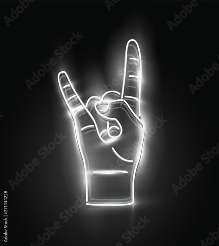 Rock-n-roll hand white neon glowing sign. Hand with two fingers in devil horns gesture on black background. Vector illustration.