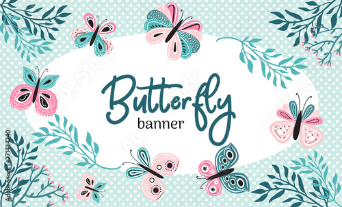 Horizontal hand drawn banner or flyer design with cute colorful butterflies and branches. Vector summer and spring childish illustration in modern scandinavian style with text space