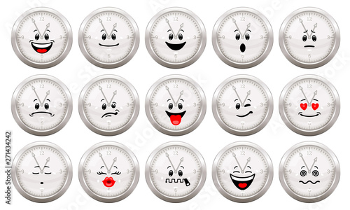 Vector set of clock emoticons. Collection of characters of cute watch with different emotions in cartoon style on white background. Concept of time, management, deadline.