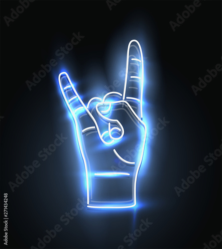 Neon rock hand sign. Rock music symbol. Vector illustration.