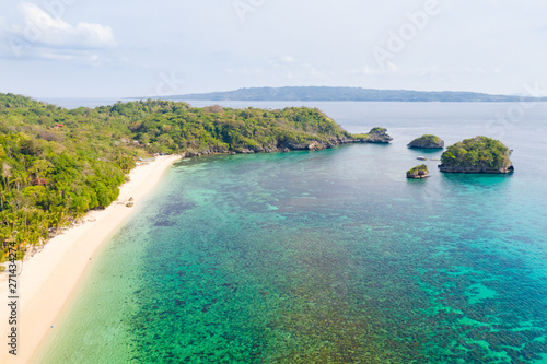 Ilig Iligan Beach. White sand beach and clear coral lagoon. Coast of the island of Boracay, Philippines, top view.