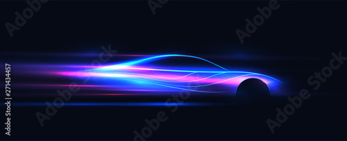 Side view neon glowing sport car silhouette. Abstract modern styled vector illustration.