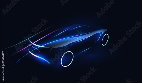 Abstract Futuristic Neon Glowing Concept Car Silhouette. Automotive template for your banner, wallpaper, marketing advertising. Vector illustration.