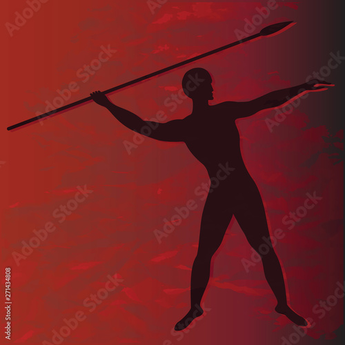 The athlete throws a spear - a silhouette on an original fiery red background in grunge style - art, vector