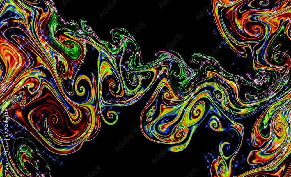 Magic space texture, pattern, looks like colorful smoke and fire with little stars. It look like little snowflakes on a white and black background.