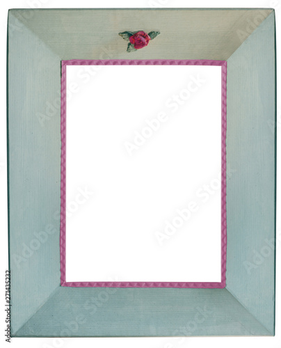 background with frame for your textGreen vintage frame with a rose isolated on white. Cardboard and paper frame handmade.  photo