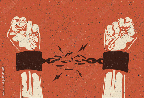Human hands break the chain. Freedom release concept. Broken chain. Vintage styled vector illustration.
