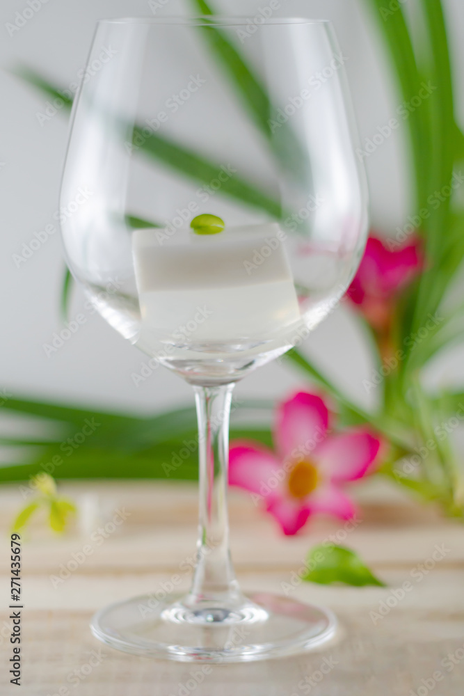 Coconut milk jelly in wine glass, sweets containing jelly powder, sugar and coconut milk, Thai sweets