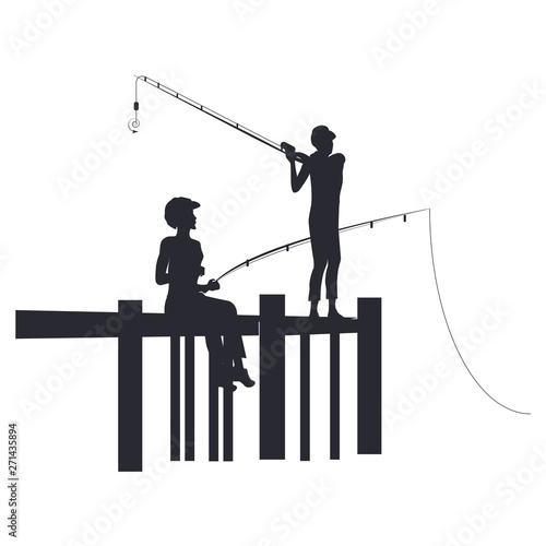 Fishing - two silhouettes of girls with fishing poles on the pier - isolated on white background - vector. Summer rest.