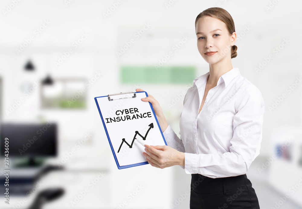 Business, technology, internet and networking concept. Young entrepreneur showing keyword: Cyber insurance Business, technology, internet and networking concept. Young entrepreneur showing keyword: Cyber insurance