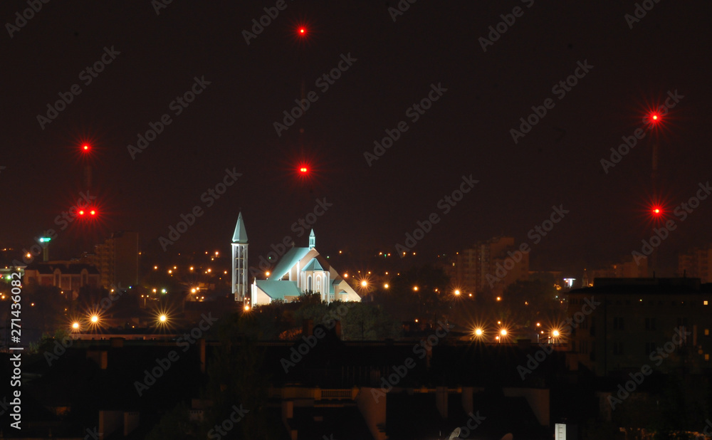 Night photo of the panorama of Radom.