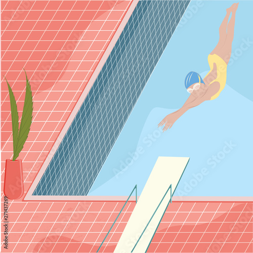 Water sports. Woman swimmer in indoor pool, perspective, tile, springboard - flat style, vector. Healthy lifestyle.