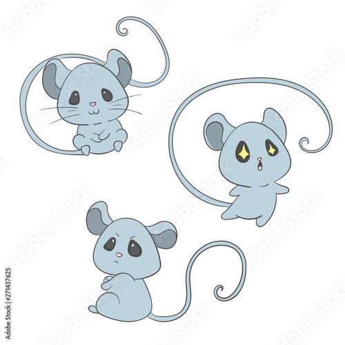 Cute mouse character.  Set with three mice with various emotions. Little cartoonish rat in vector.