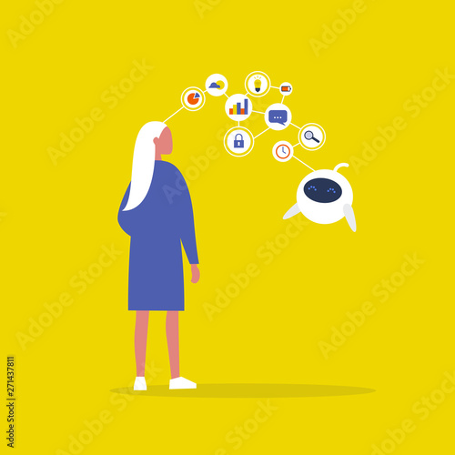 Data transfer conceptual illustration. Blonde female character. Human and robot communication. New technologies. Flat editable vector illustration, clip art