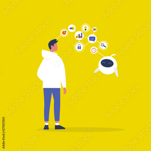 Data transfer conceptual illustration. Brunette male character. Human and robot communication. New technologies. Flat editable vector illustration, clip art