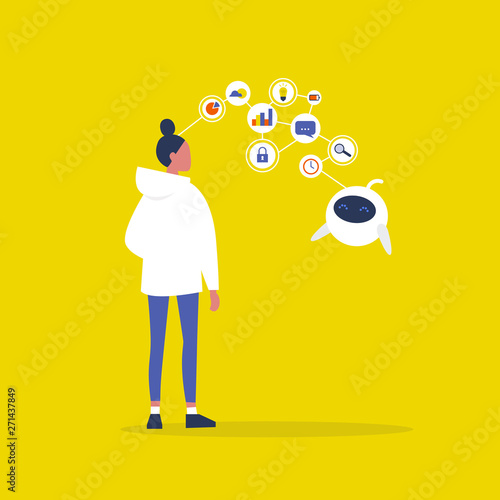 Data transfer conceptual illustration. Caucasian female character. Human and robot communication. New technologies. Flat editable vector illustration, clip art