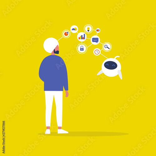 Data transfer conceptual illustration. Indian male character. Human and robot communication. New technologies. Flat editable vector illustration, clip art