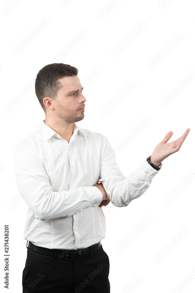 successful businessman showing a hand with a blank space successful businessman showing a hand with a blank space