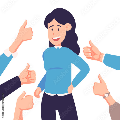 Many people congratulate a winner and holding their thumbs up. vectorl illustration isolated on white photo