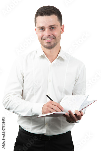 Young businessman working with documents looking through papers in folder. Copy spaces