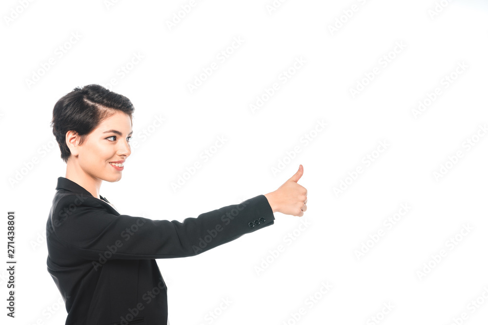 pretty mixed race businesswoman smiling and showing thumb up isolated on white pretty mixed race businesswoman smiling and showing thumb up isolated on white