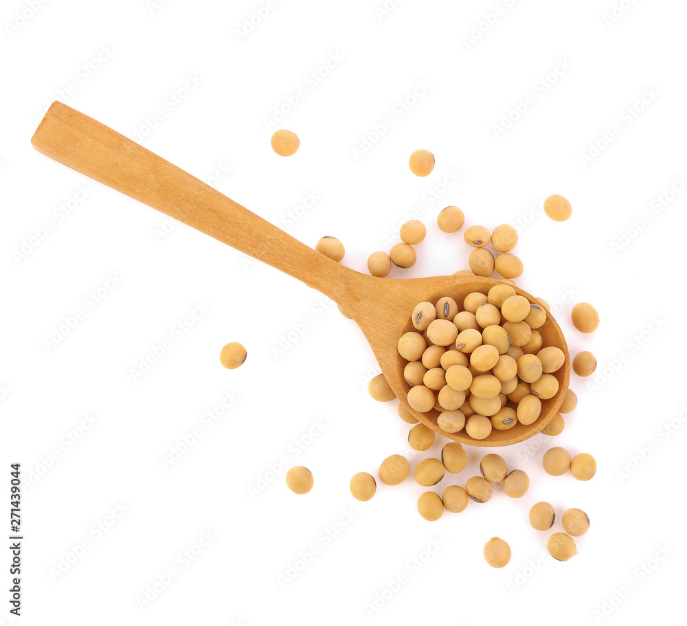 Soybeans in wooden spoon on a white background. Top view Soybeans in wooden spoon on a white background. Top view