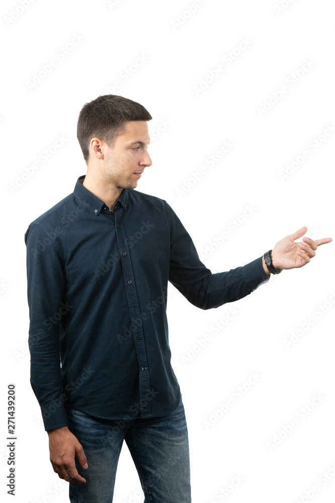 in full growth. successful businessman showing a hand with a blank space in full growth. successful businessman showing a hand with a blank space