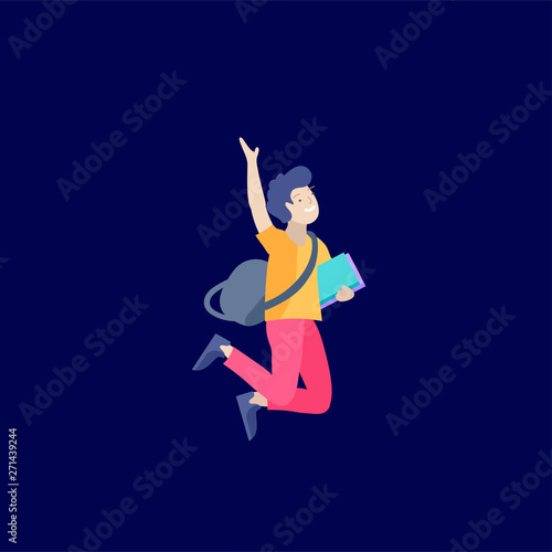 Happy school child joyfully jumping and laughing on background. Concept of happiness, gladness and fun. Vector illustration for banner, poster, website, invitation.