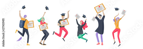 Group smiling graduates people in graduation gowns holding diplomas and happy Jumping. Vector illustration concept graduation ceremony cartoon style