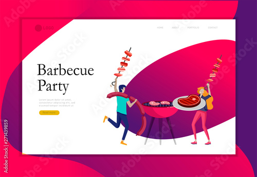 Landing page template people preparing barbecue. BBQ party. People grilling meat. Conceptual Modern and Trendy colorful vector illustration. Web template.